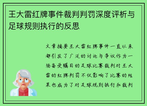 王大雷红牌事件裁判判罚深度评析与足球规则执行的反思