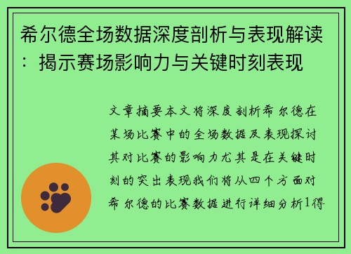 希尔德全场数据深度剖析与表现解读：揭示赛场影响力与关键时刻表现