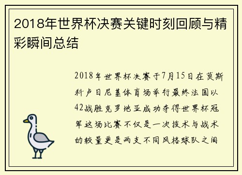 2018年世界杯决赛关键时刻回顾与精彩瞬间总结